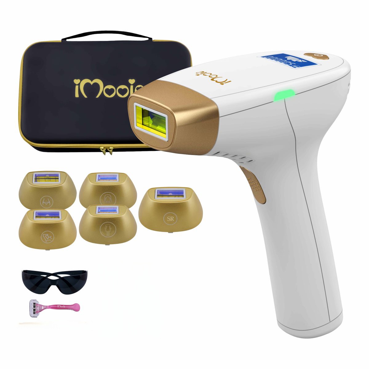 جهاز اي مووي السابع الذهبي الليزر المنزلي 5عدسات 2مليون ومضة مع كريم ومرطب هدية وقلم تحديد هدية 